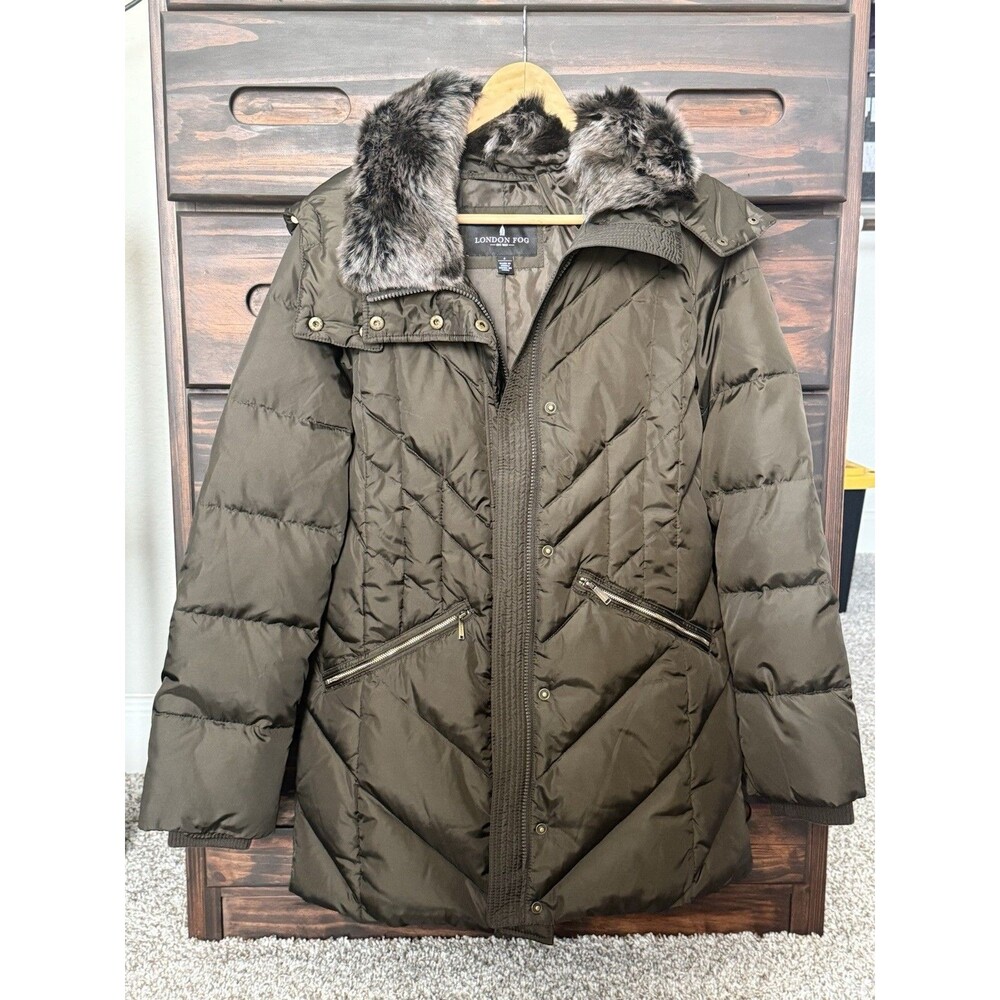 London Fog Women’s Down Filled Brown Faux Fur Hood Line Puffer Coat Sz S